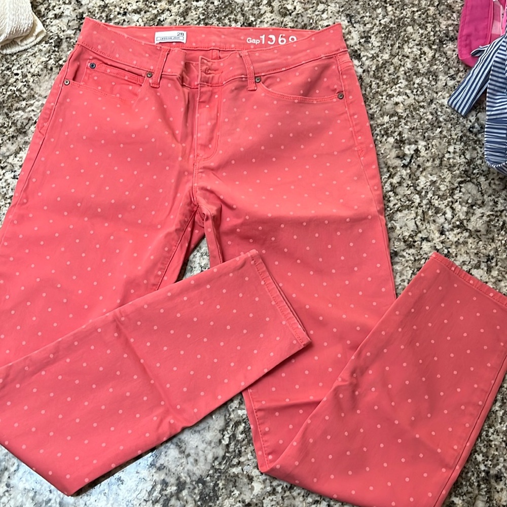 GAP 1969, Coral w/Polka Dot, Low Rise, Stretchy, Legging Jeans, Size 28
